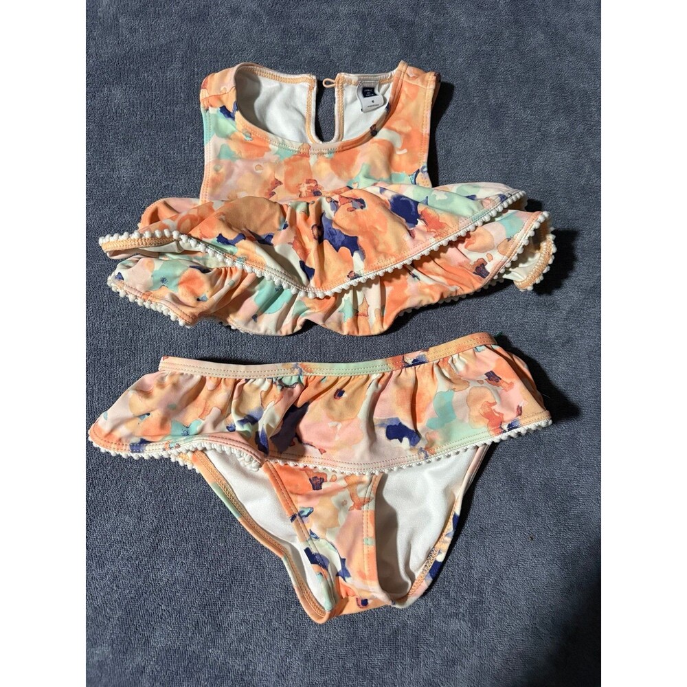 Janie and Jack Girls size 5 5t swim bikini suit 2 pc orange floral watercolor